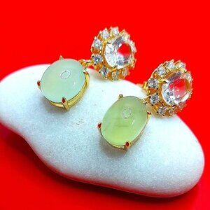 Natural Green Prehnite, Topaz‎ & CZ 925 Sterling Silver Earrings